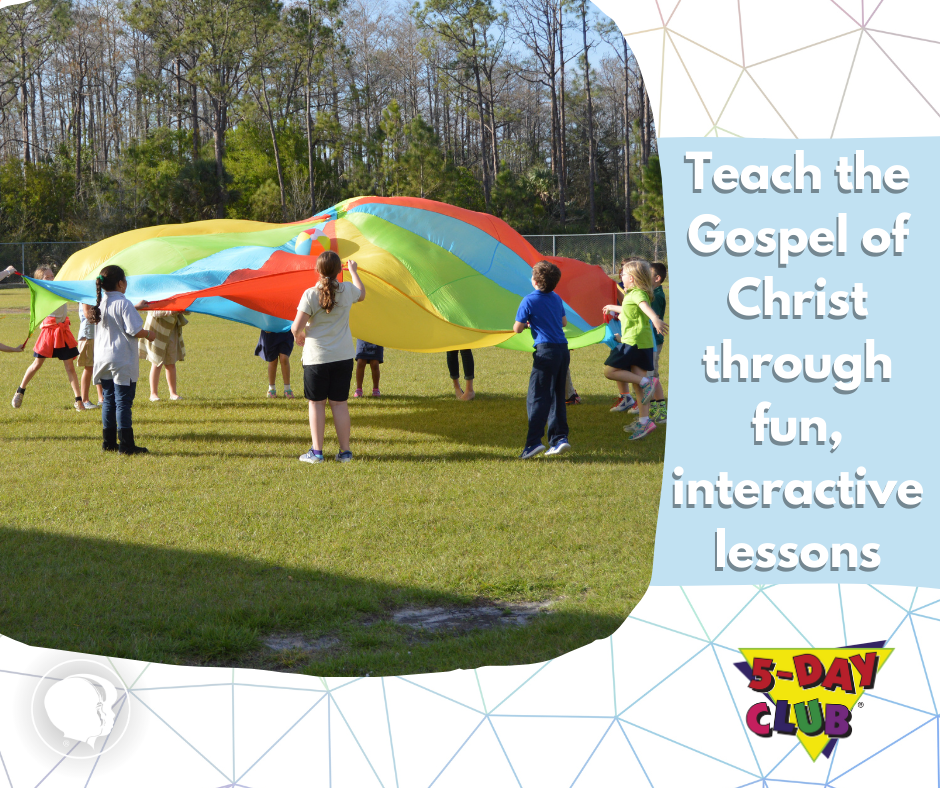 Children playing outside.  Captioned "Teach the Gospel of Christ through fun, interactive lessons"