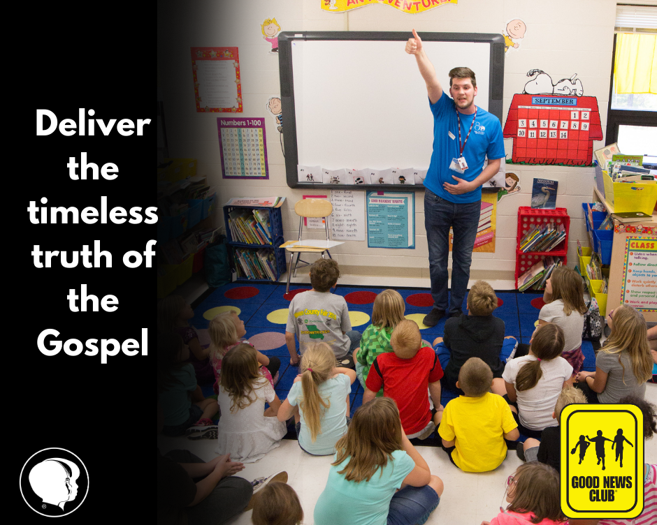 Man teaching a group of children with the caption 'Deliver the timeless truth of the Gospel'