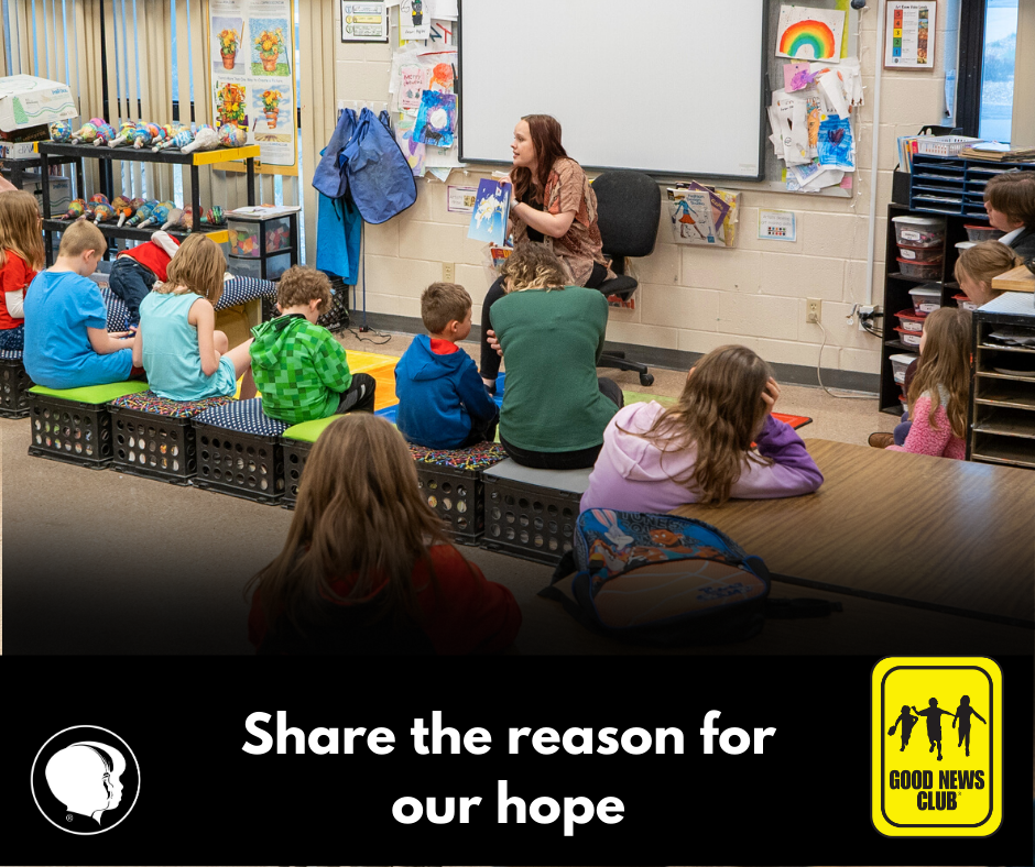 Woman reading a book to school children.  Captioned "Share the reason for our hope"