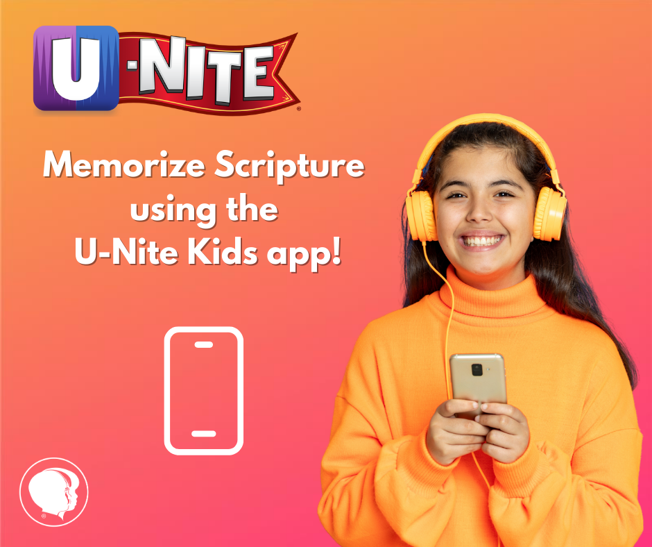 Girl smiling with headphones on.  Captioned "Memorize Scripture using the U-Nite Kids app!"