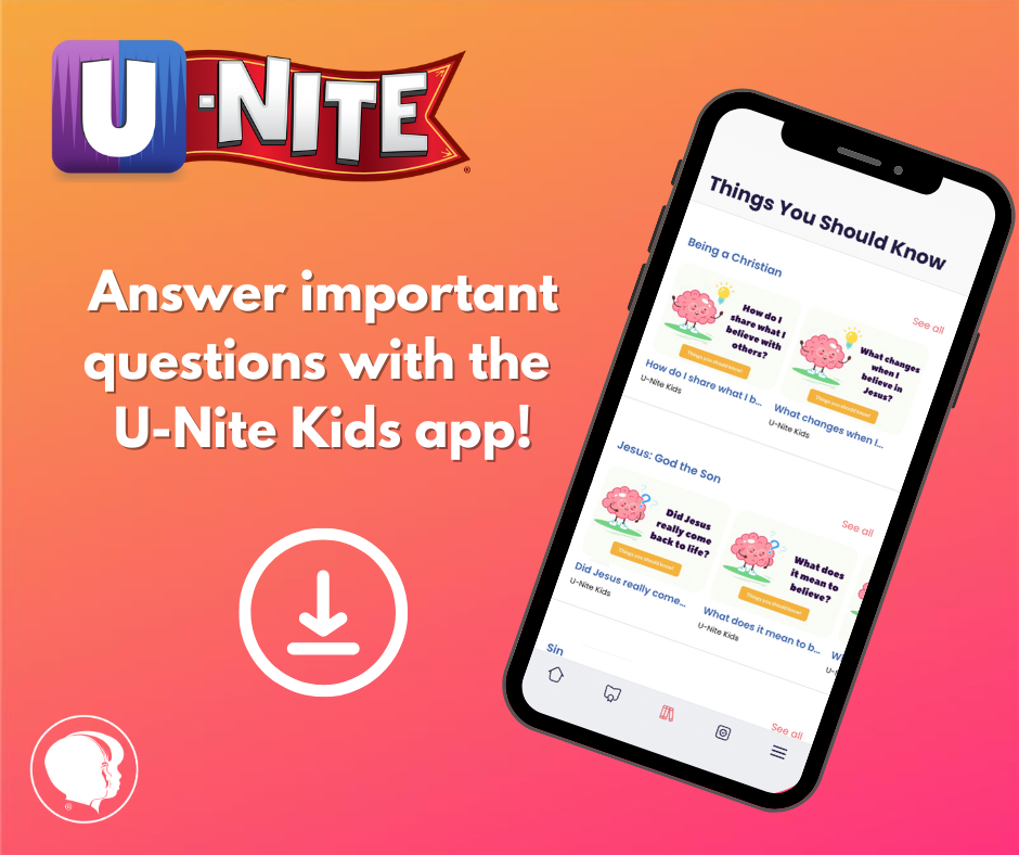 App on a phone.  Captioned "Answer important questions with U-nite Kids app!"