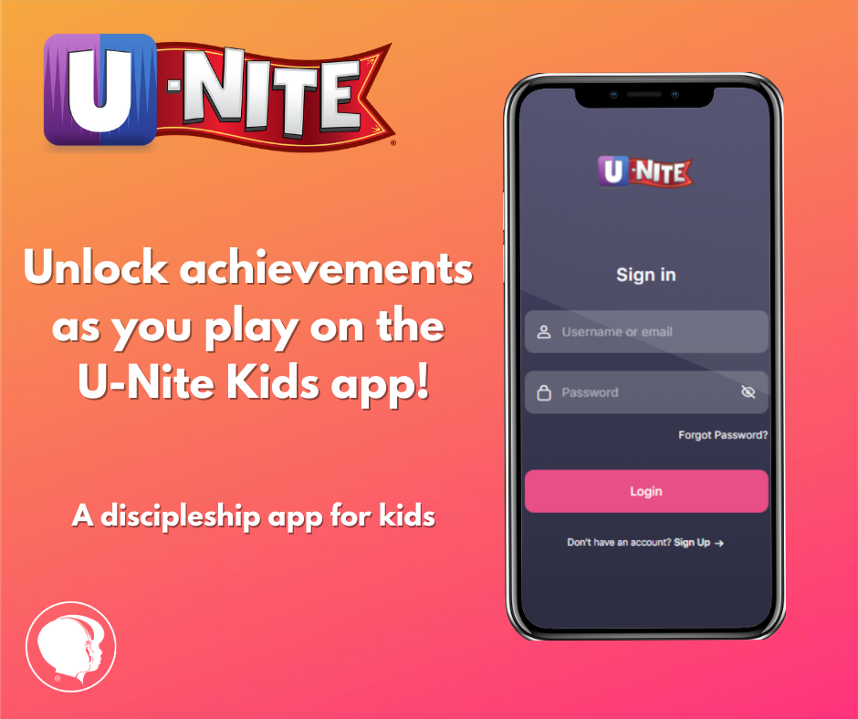 App on phone.  Captioned "Unlock achievements as you play on the U-Nite Kids app!"