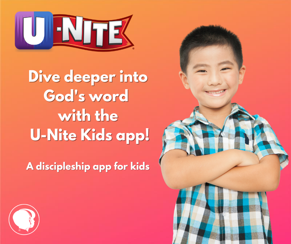 Boy smiling.  Captioned: Dive deeper into God's word with the U-Nite Kids app!